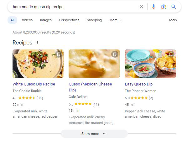 Example of structured recipes data being generated by data mark up